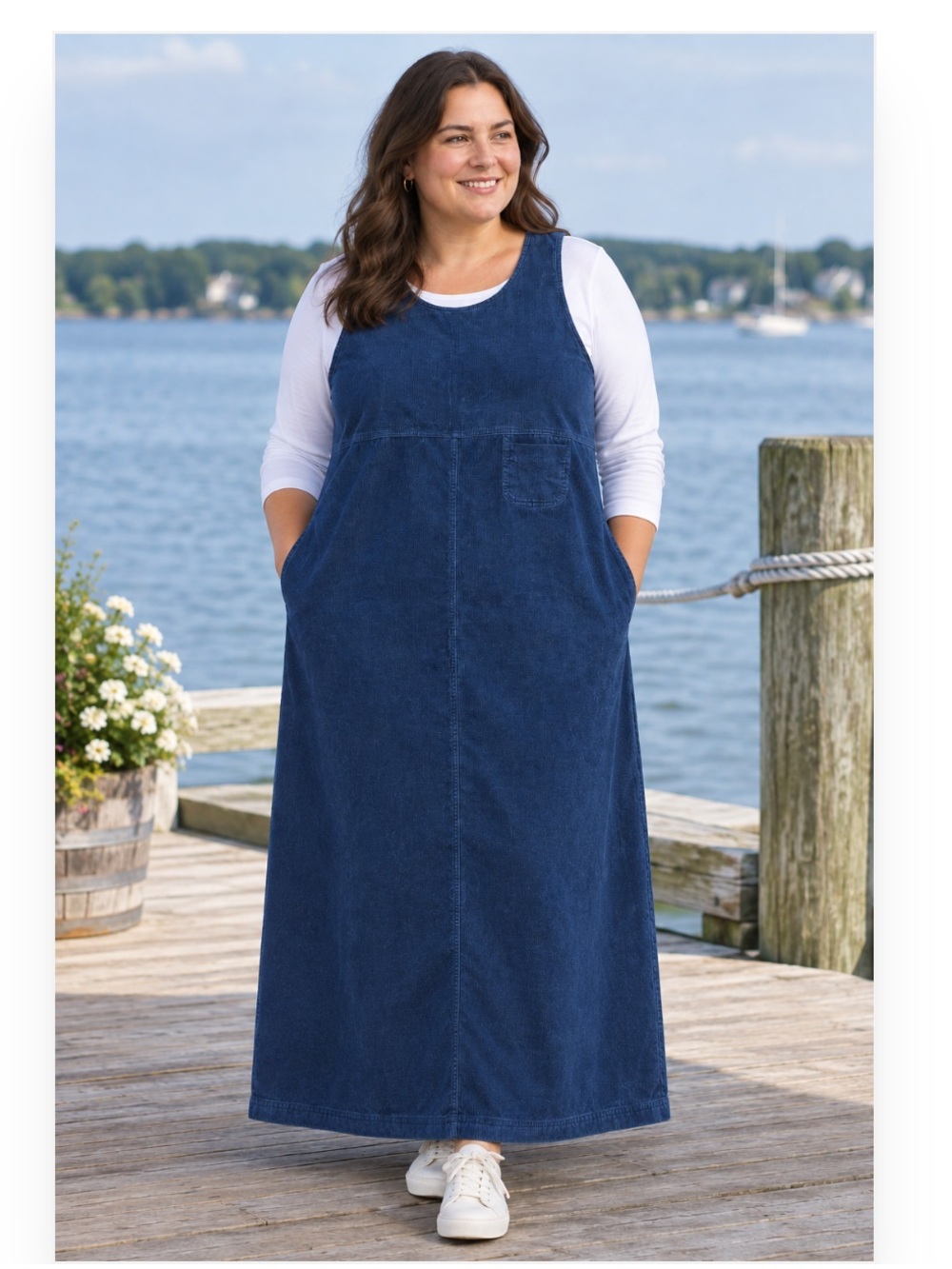 Vtg L.L. Bean Corduroy Overall Jumper Navy Blue Midi Maxi Sleeveless Dress